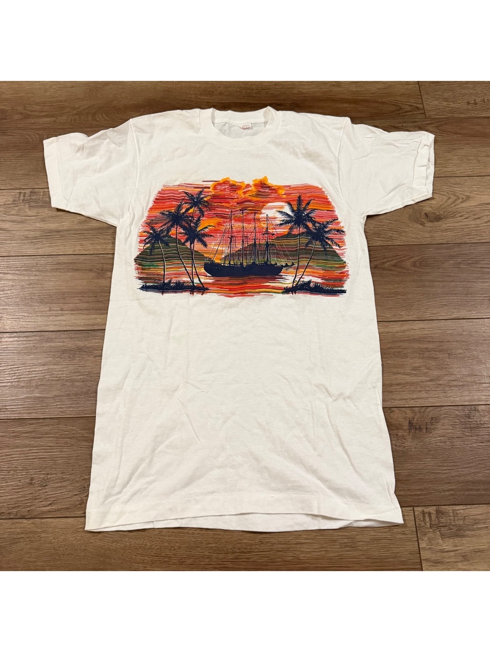 Vtg 70s Sunset Sailboat Palm Tree T Shirt Single Stitch S